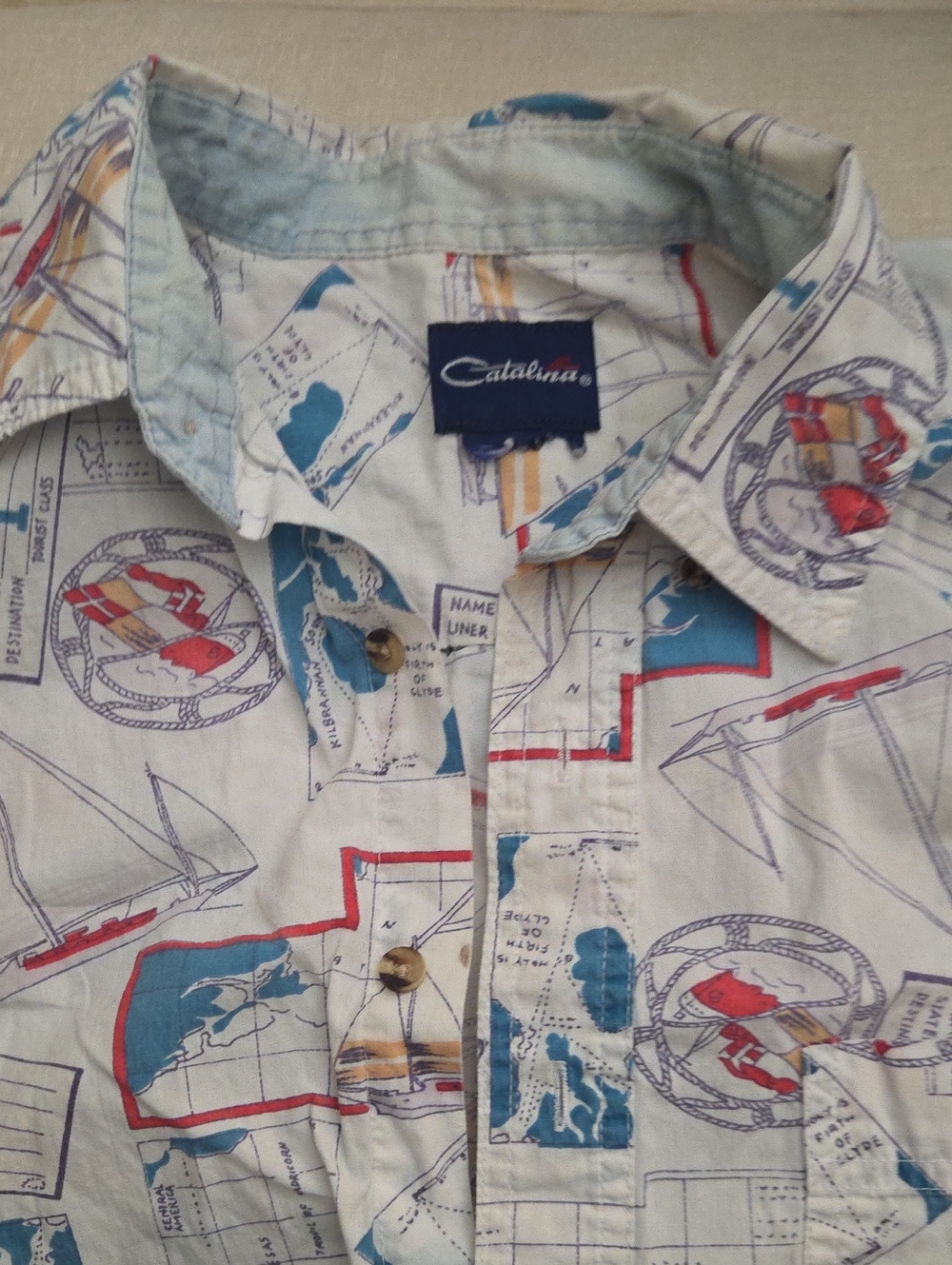 Catalina White Short-Sleeve Nautical Map Print Button-Down Shirt